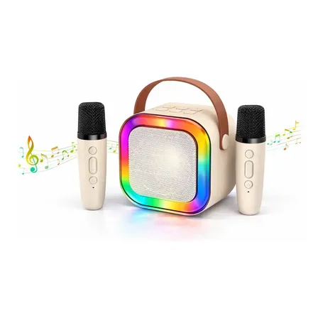 Maquina Karaoke Crema Cuadrado Portátil 2 Microfonos Parlante Rgb Veoquiero