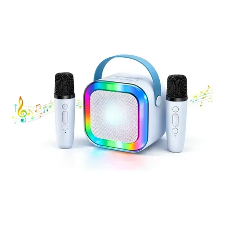 Maquina Karaoke Celeste Cuadrado Portátil 2 Microfonos Parlante Rgb Veoquiero