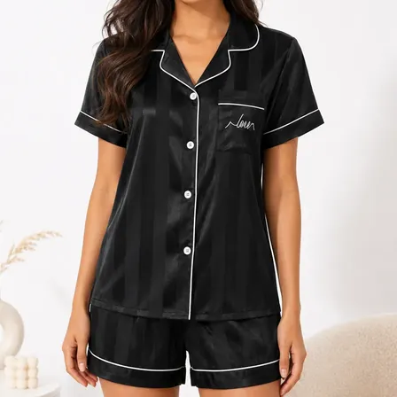 Conjunto De Pijama De Manga Corta Con Rayas De Satén Para Mu Black Rayas S