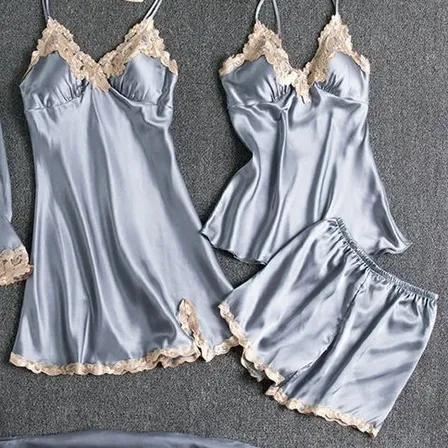 Conjunto De Cinco Piezas De Camisón De Seda Sexy Para Mujer