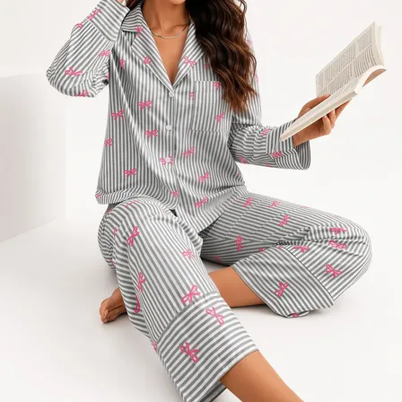 Conjunto De Pijama De Invierno De Manga Larga A Rayas Para M Multicolored Flowered And Bow Print Xl