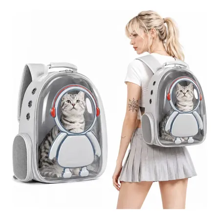 Mochila Mascotas Transparente Gato Perro Transpirable Gris