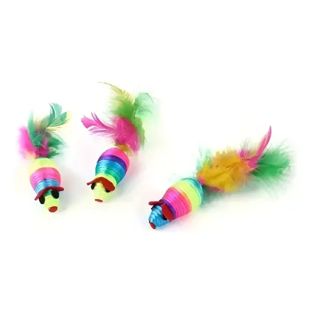 Juguete Ratitas X3 Arcoiris Con Plumas Para Gato Mascotas