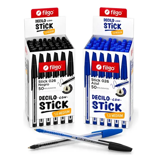 Lapicera Birome Filgo Stick 026 Pack X100un Azules + Negras