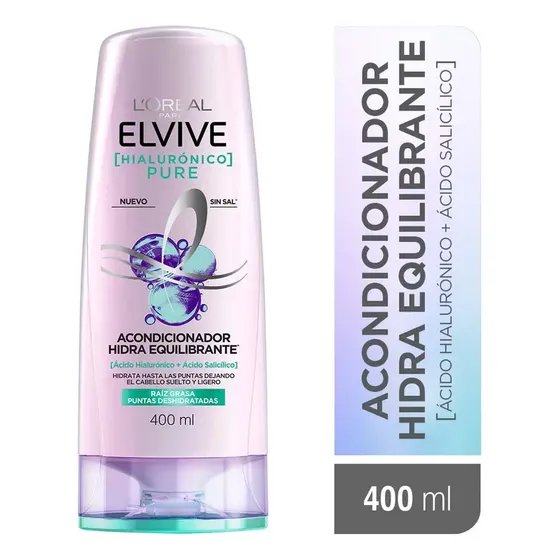 Acondicionador Hidratante para Cabellos con Raíces Grasosas y Puntas Secas con Ácido Hialurónico y Salicílico Pure Hialurónico Elseve L'Oréal Paris, 400ml