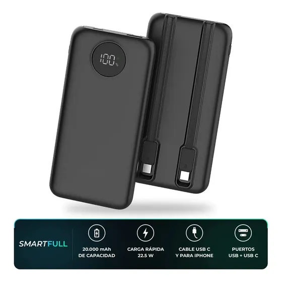 Cargador Portátil Power Bank 20000 Mah SmartFull 400 Carga Rápida 22.5w Con Cables Integrados Tipo C Y Para iPhone Display Digital Para Samsung Para Motorola Para Xiaomi Batería Externa Negro