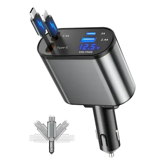 4 En 1 Cargador Para Carro Retractil Decarga Rapida De 120w