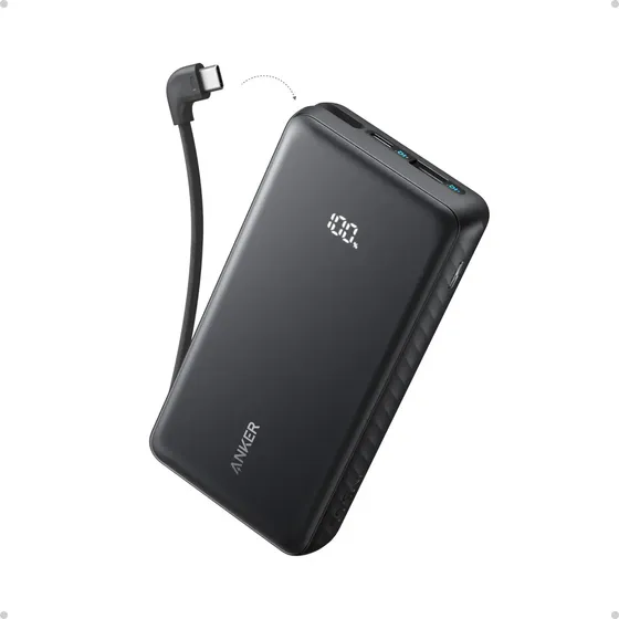 Cargador Portátil Powerbank Anker Zolo 20000mah 22.5w Rápida Color Negro, Cable USB-C Integrado, Puertos USB-C y USB-A, Carga tu Celular hasta 4 Veces, Se Recarga en 3 Horas