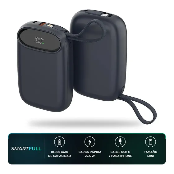 Cargador Portátil Power Bank SmartFull Pro 100 10000 Mah Carga Rápida 22.5w Cables Integrados Tipo C Y Para iPhone Con Display Digital Batería Externa Para Samsung Para Motorola Para Xiaomi Azul