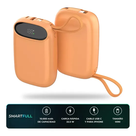 Cargador Portátil Power Bank SmartFull Pro 100 10000 Mah Carga Rápida 22.5w Cables Integrados Tipo C Y Para iPhone Con Display Digital Batería Externa Para Samsung Para Motorola Para Xiaomi Naranja