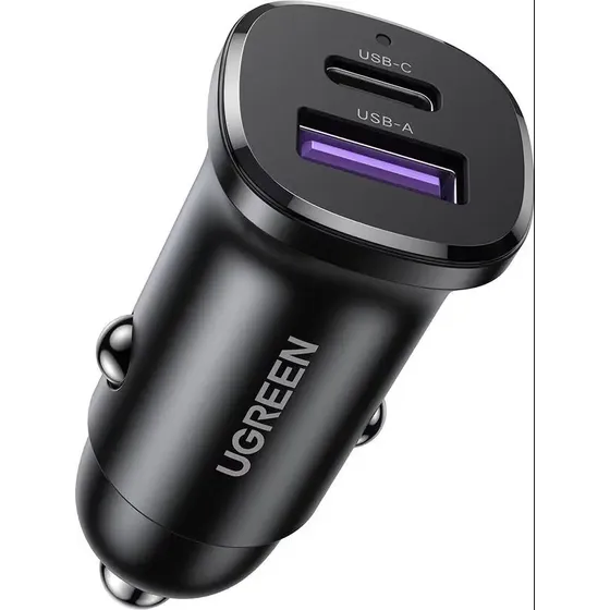 Cargador para Auto PD 3.0 Ugreen - Adaptador 30W para coche de Doble Puerto USB y USB C 12v / 24v Carga Rapida - Color Plateado - para Encendedor o Toma de Auto / Camioneta / Camion / Celular / Table