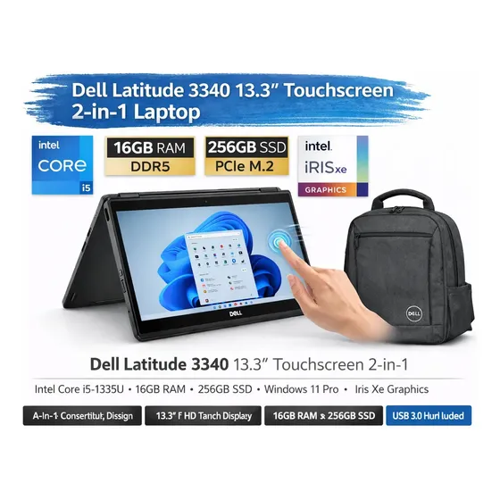 Notebook Dell Latitude 3340 13" Intel Core i5 16GB 256GB SSD Pantalla Táctil Windows 11 Pro Con Kit Porfesional (Bolso y Hub 3.0)